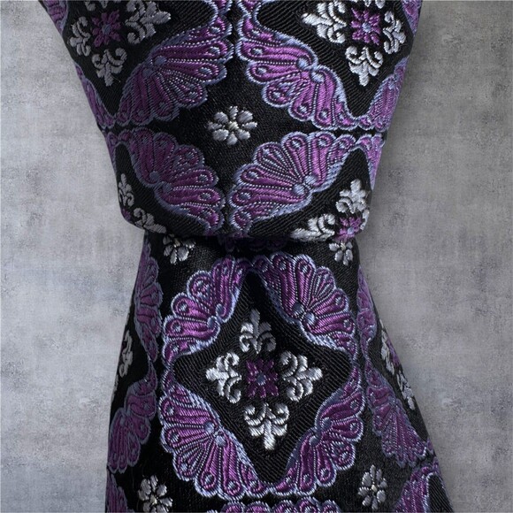 IKE BEHAR Silk Tie Floral geometric 100% Silk Necktie Black/Purple - Picture 2 of 7